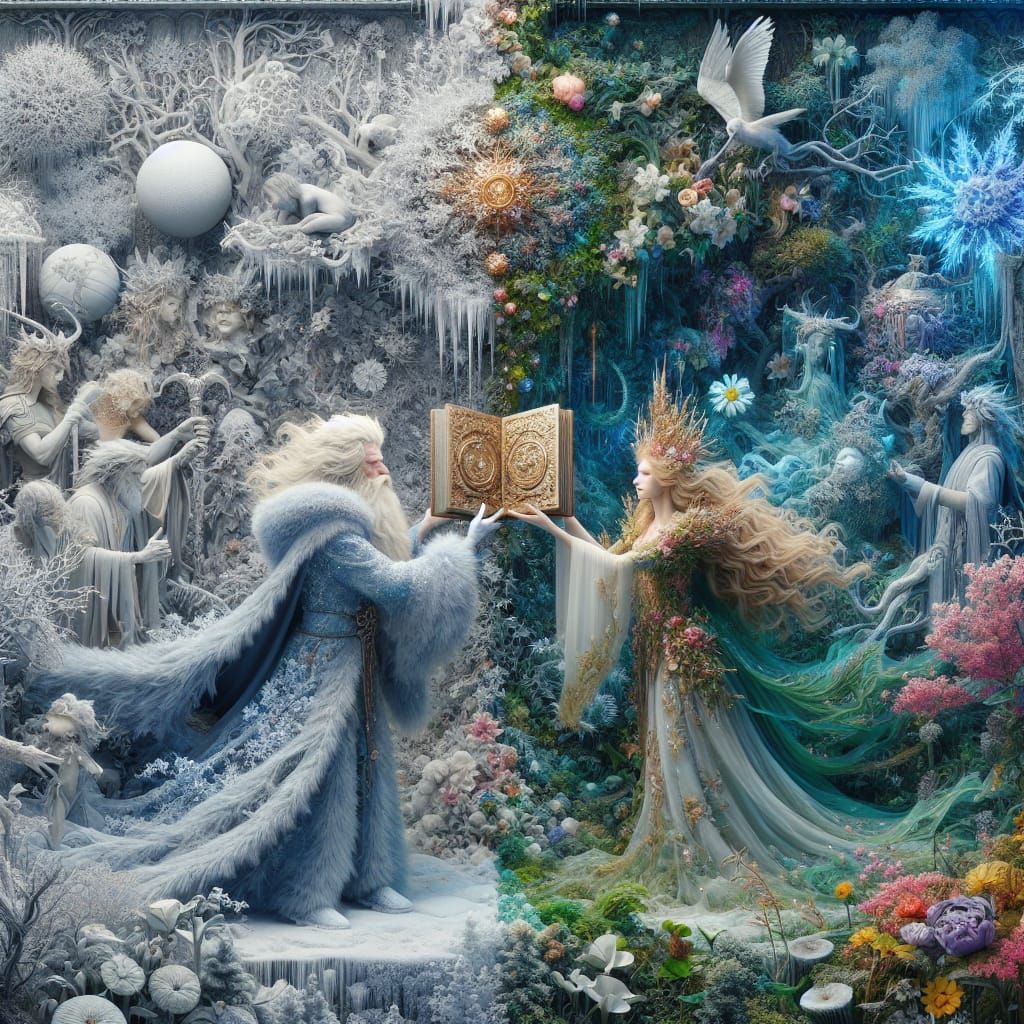 Glimpses of Spring ( Father Frost gives Mother Nature the book of seasons for the beginning of spring )