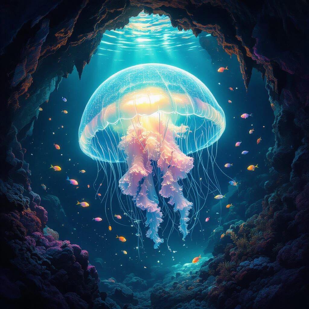 Bioluminescent Jellyfish in Deep-Sea Cave Digital Painting
