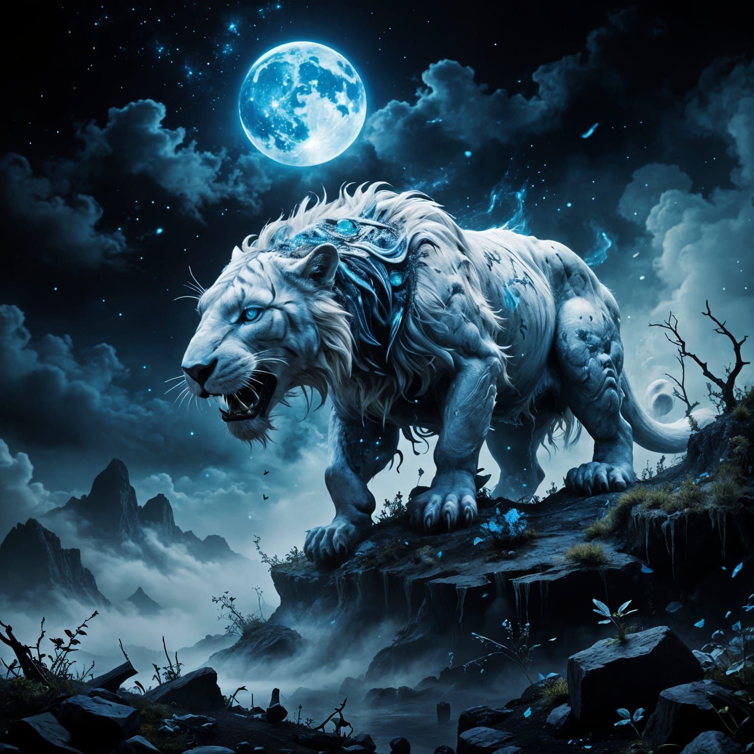Surreal White Sabertoothcat Summoned Under a Glowing Blue Cr...