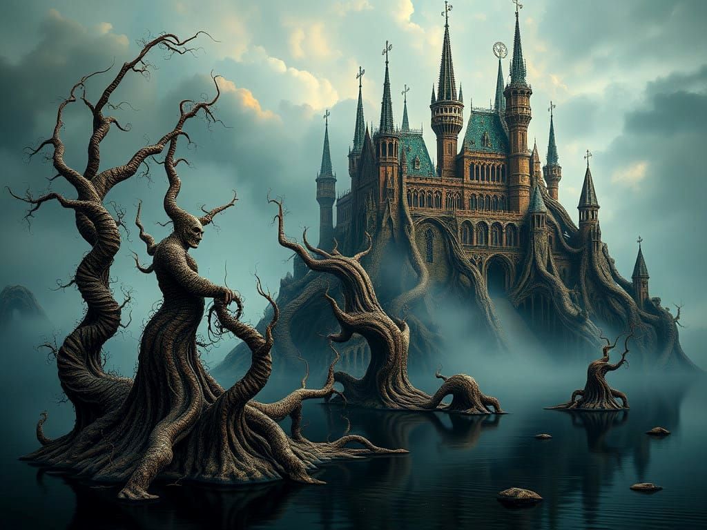 Surreal Lake Landscape with Gothic Castle in Vivid Colors