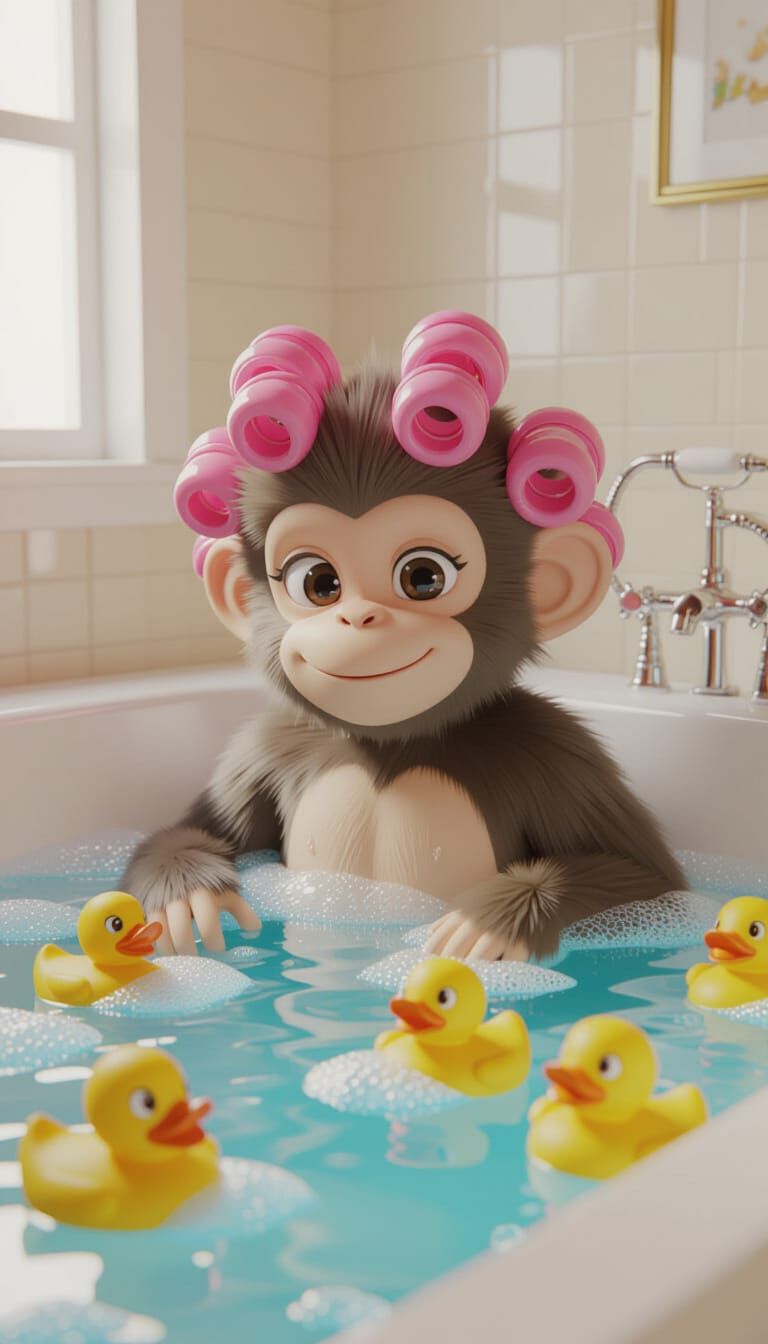Monkey in Bathtub: 3D Anime Art with Breathtaking Realism