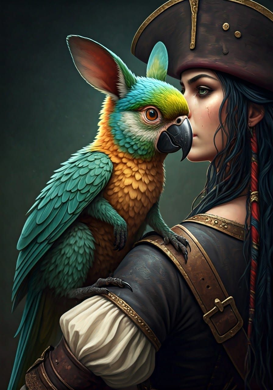 Pirate Woman with Parrot-Kangaroo Pet Concept Art