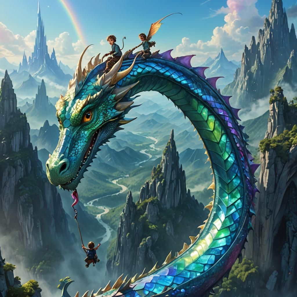 Toddler on Dragon Serpent in Whimsical Pixar Landscape
