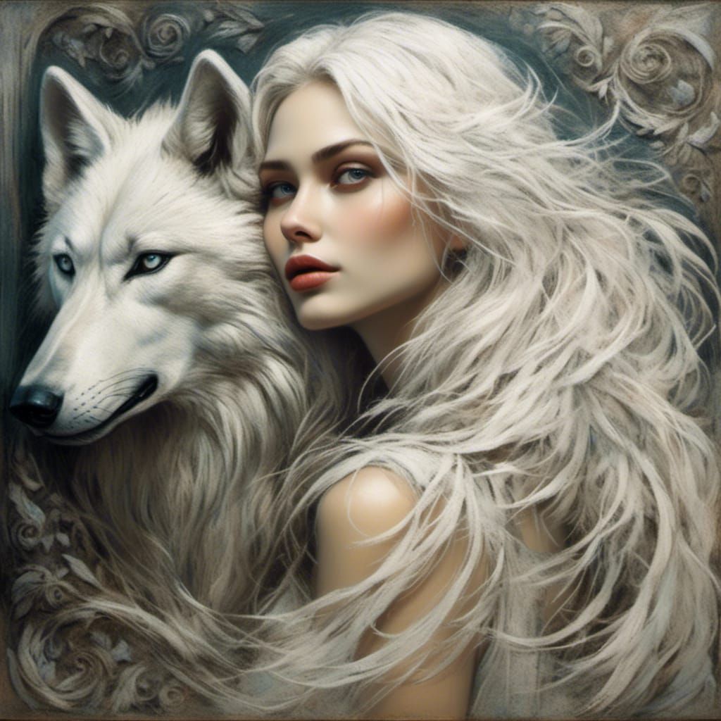 Woman and White Wolf in Chalk Art Style