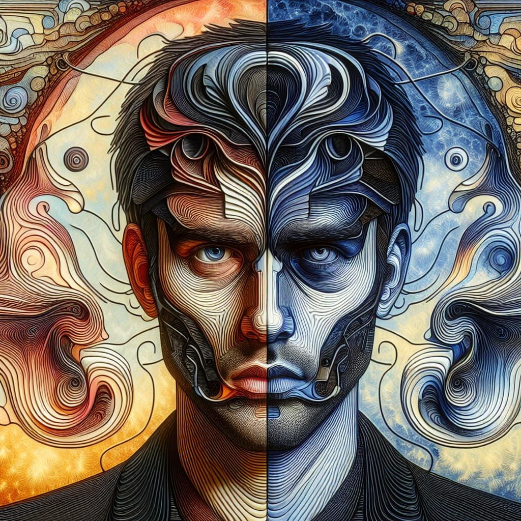 Man's Duality: A Surreal AI Portrait in 16k