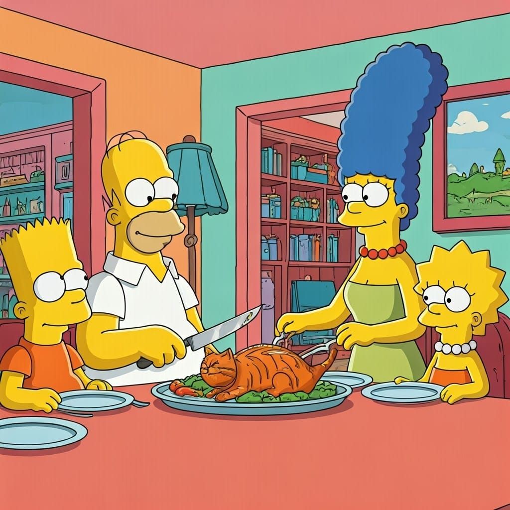 The Simpsons Carving a Cat: Cartoon Family Dinner