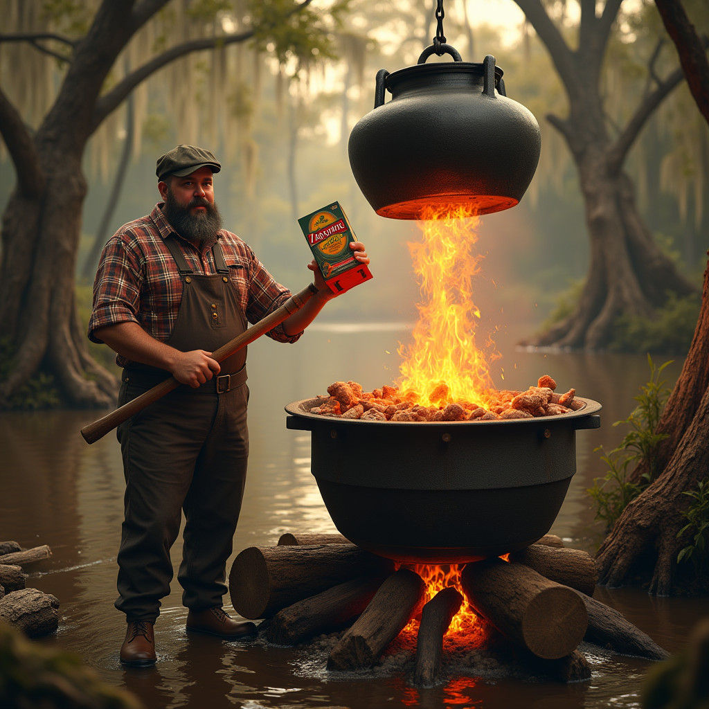 Cajun Man Cooking in Bayou Kettle