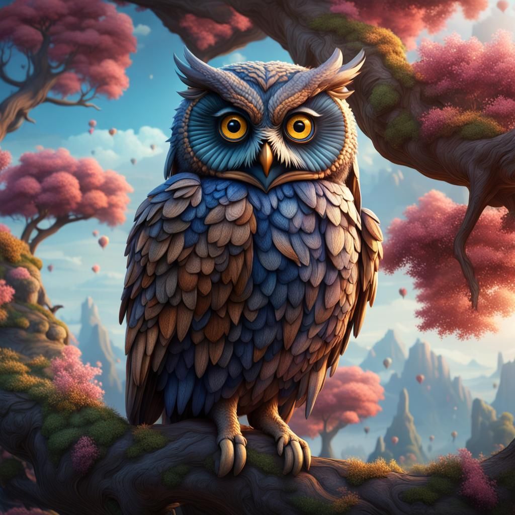 Whimsical Owl in Tree, Detailed Digital Painting