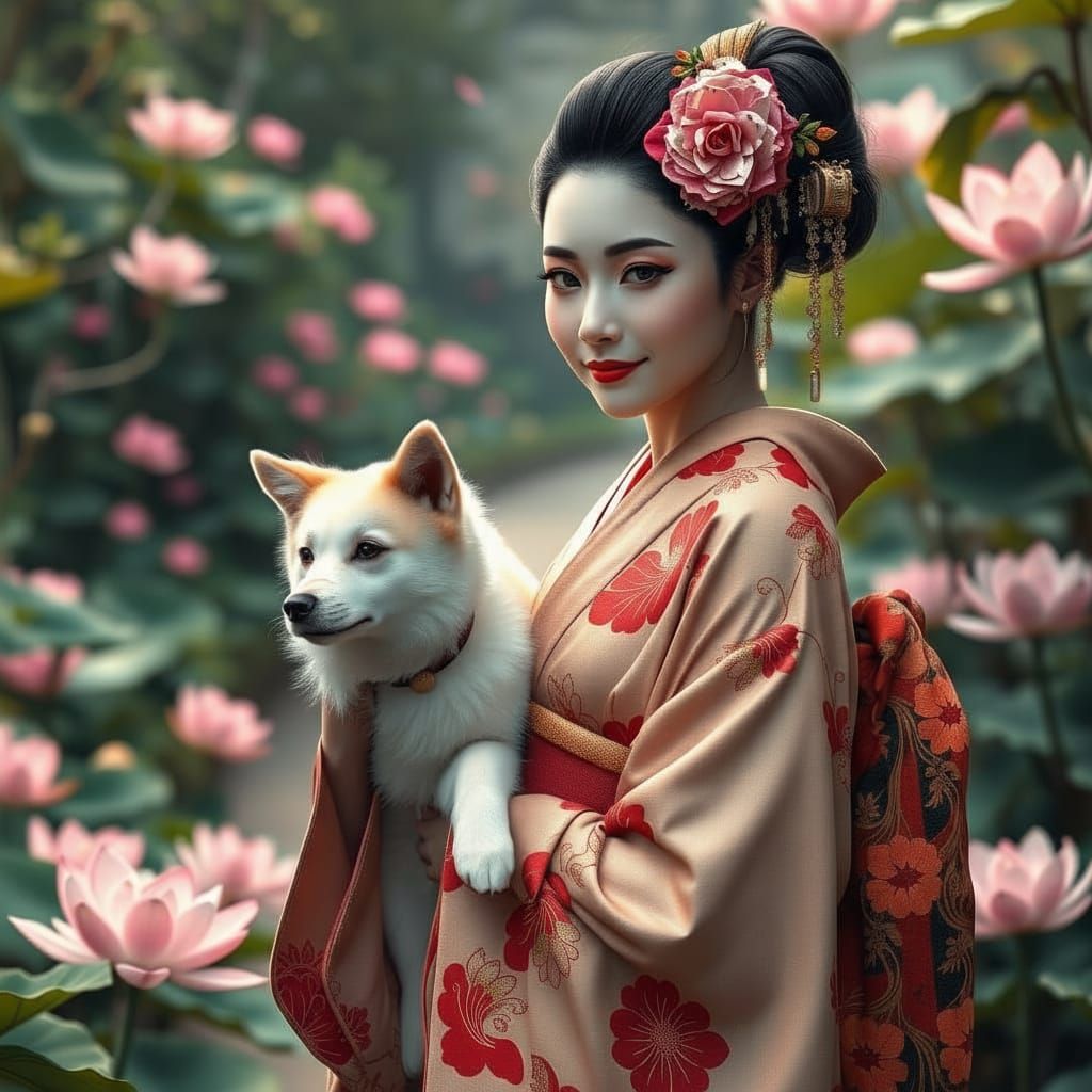 Geisha and Akita in Lotus Garden Portrait