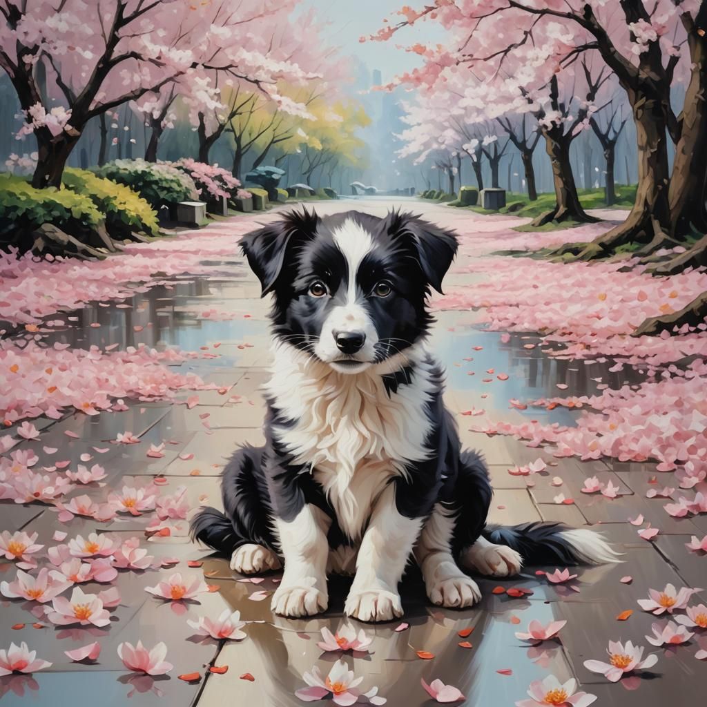 Border Collie Puppy in Cherry Blossom Oil Painting