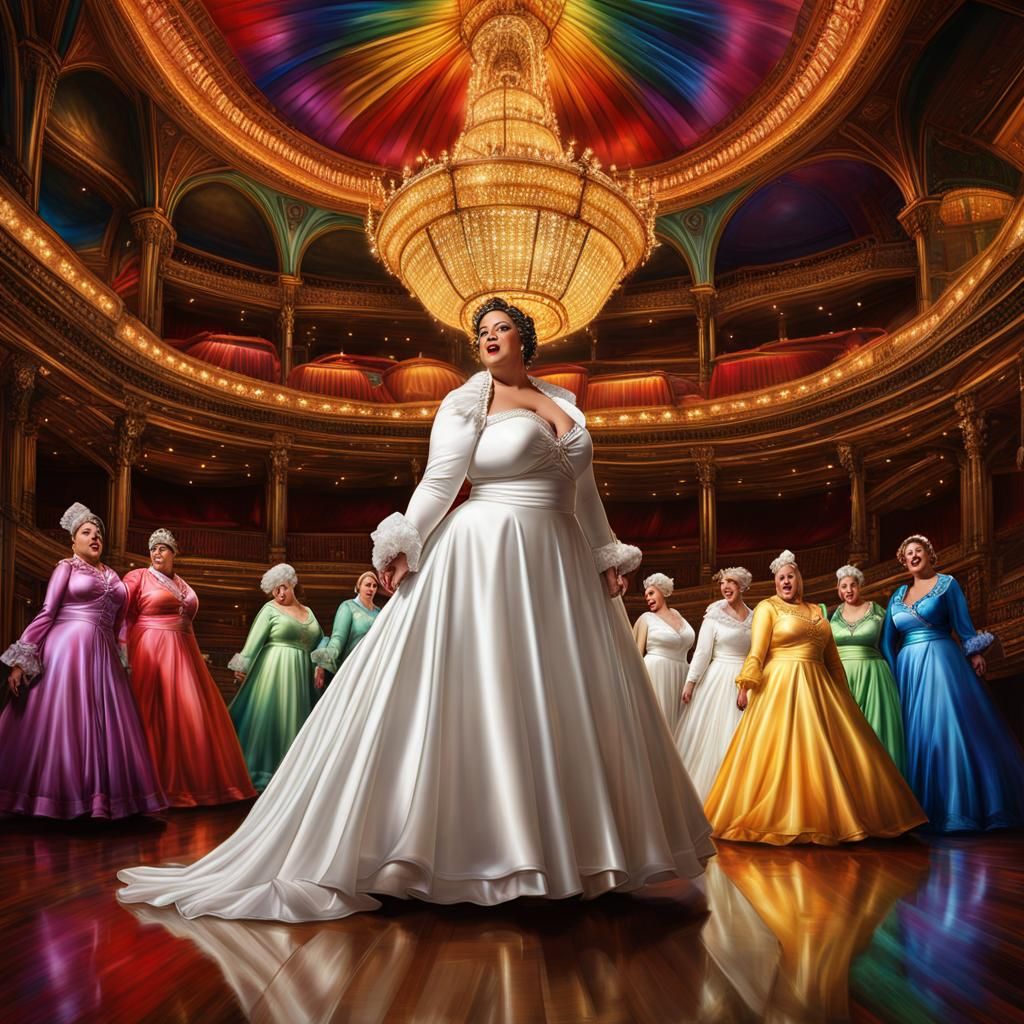 Ballroom Scene with Women in Rainbow Satin, Photorealistic