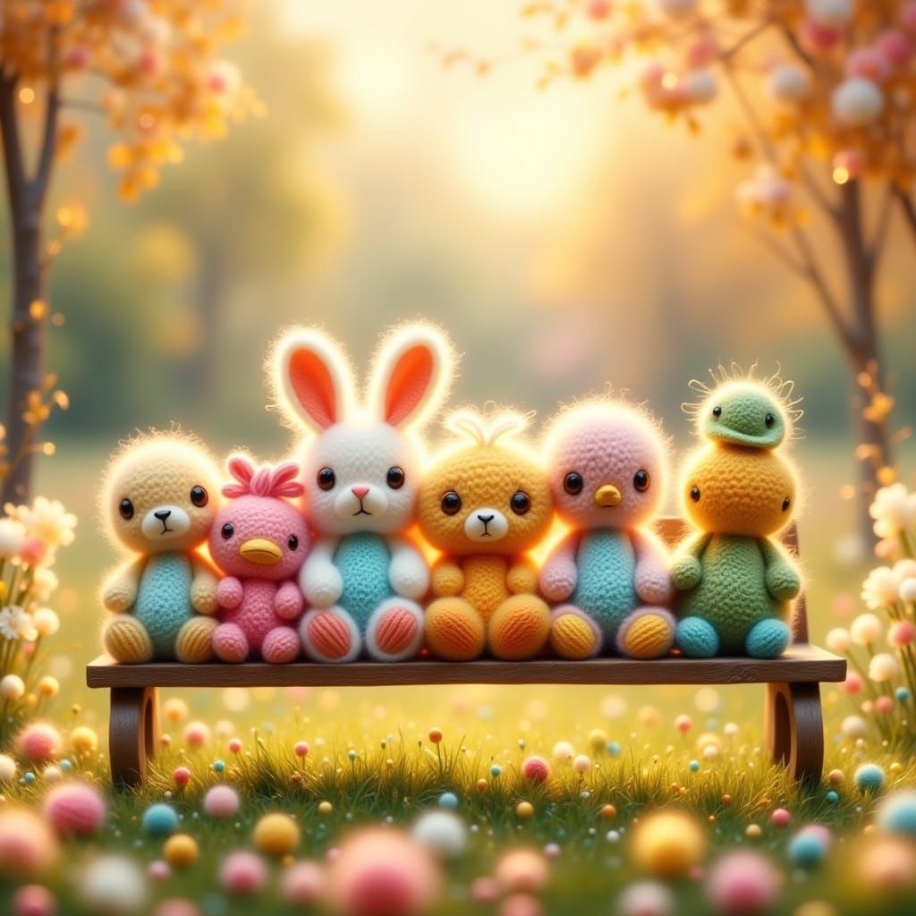 Adorable Pom-Pom Animals on a Park Bench