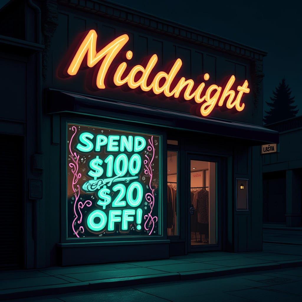 Sleek Midnight Storefront Shines Under Retro-Futuristic Neon