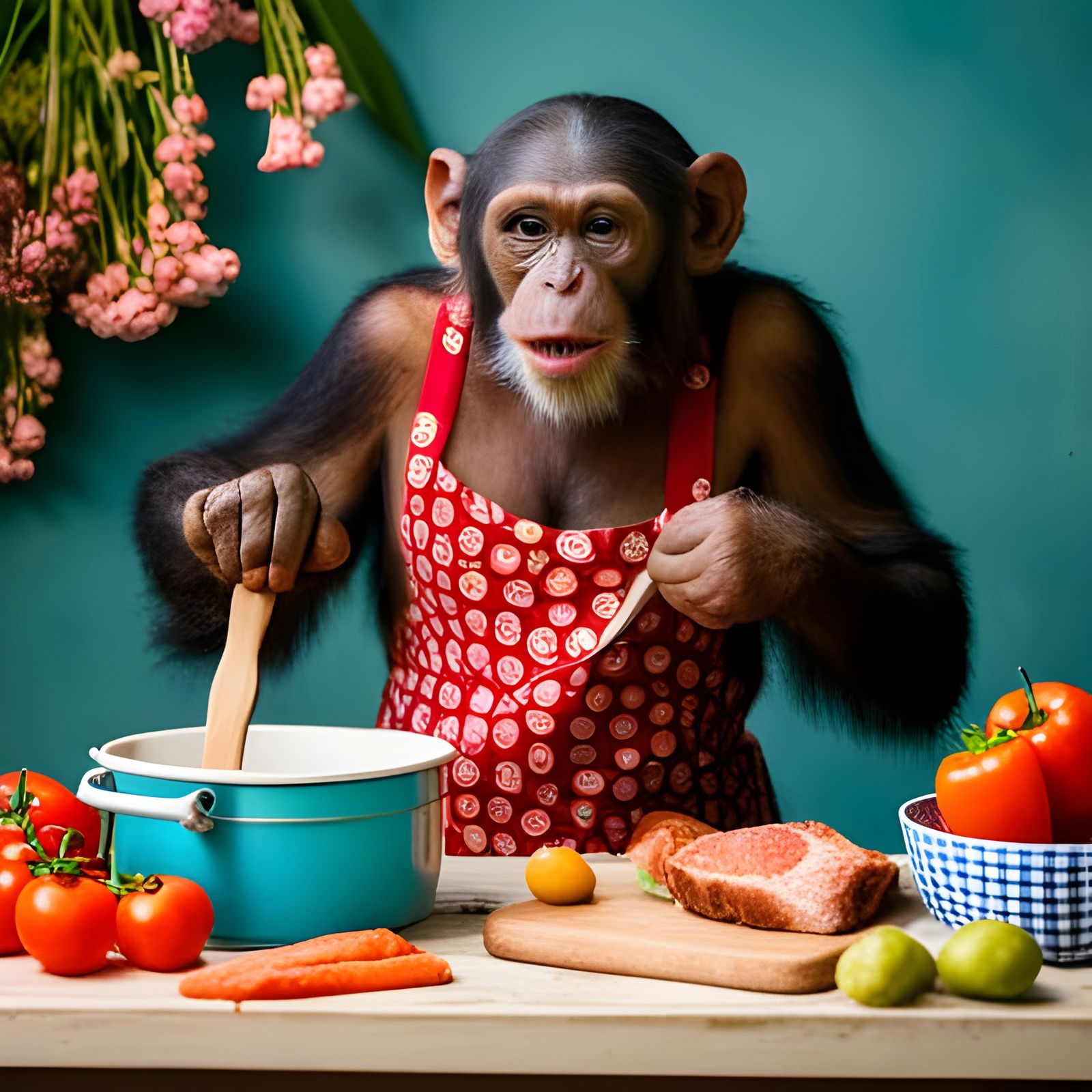 Chimpanzee Cooking Dinner In Floral Apron