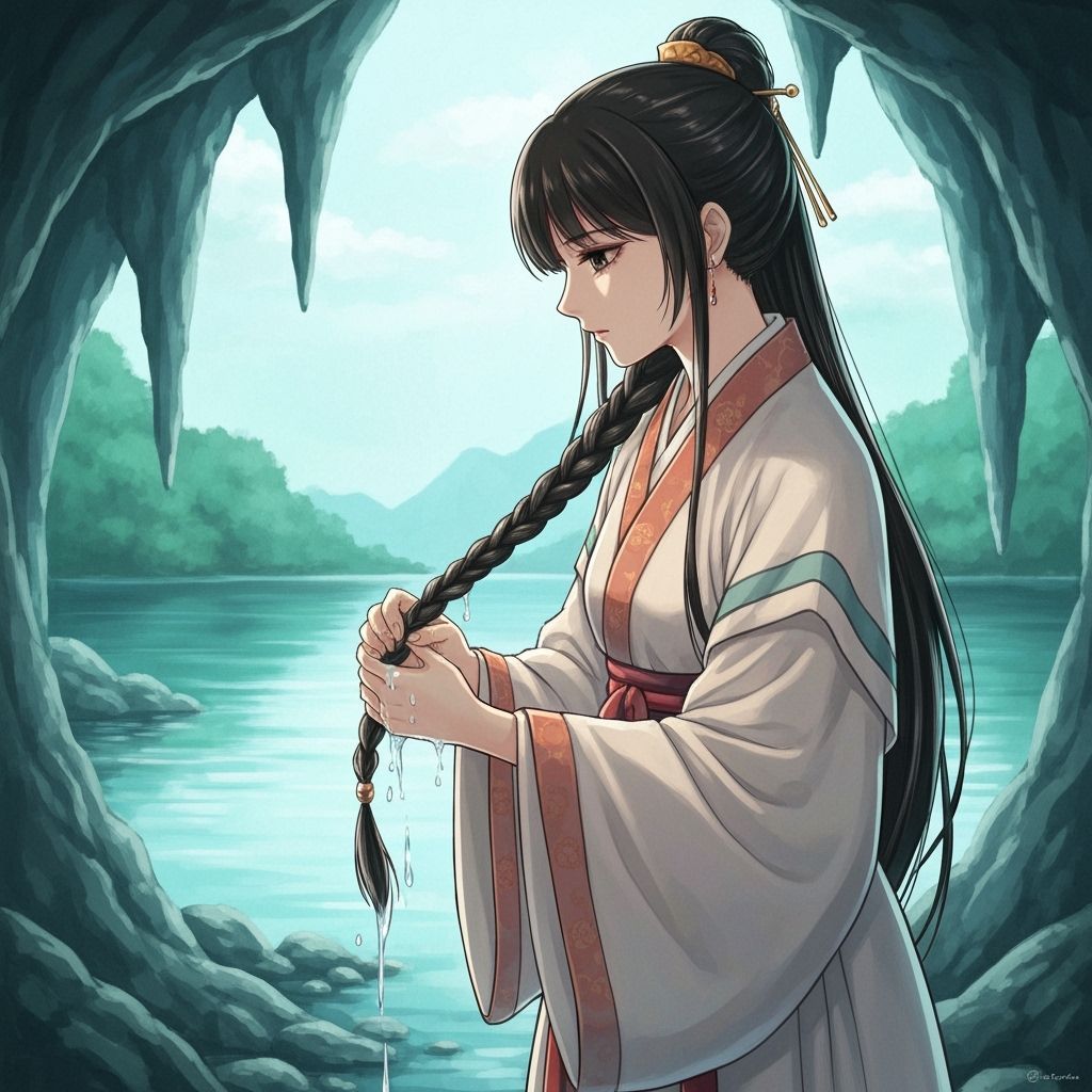 Anime Girl in Cave with Serene Lake