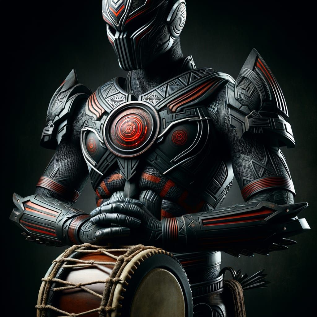 Black Tokusatsu Warrior with Tribal Drum Weapon