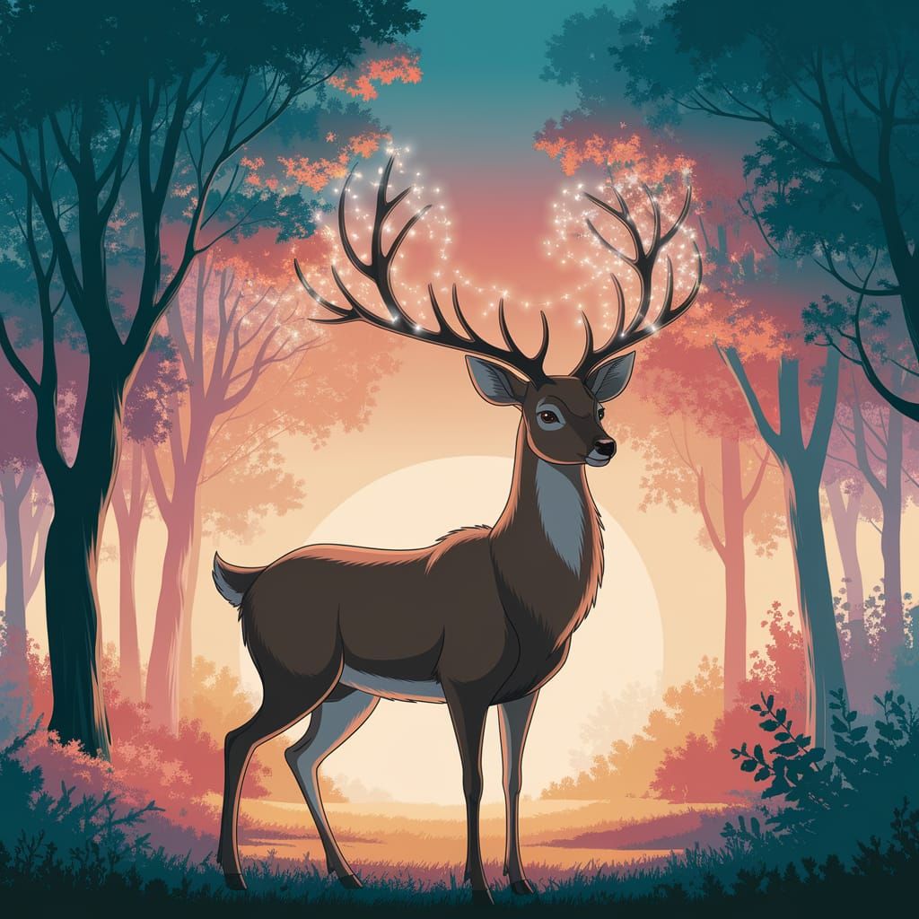 Majestic Deer in Softly Glowing Forest, Ghibli-Inspired Anim...