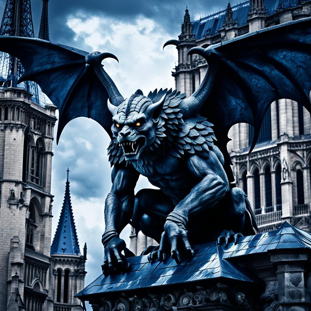 Gargoyle on Notre Dame Roof in Lightning Storm