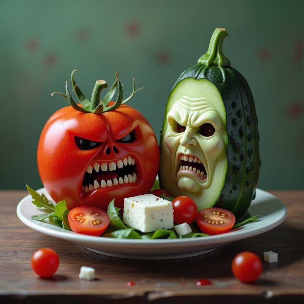 Grotesque Greek Salad in Dark Gothic Style