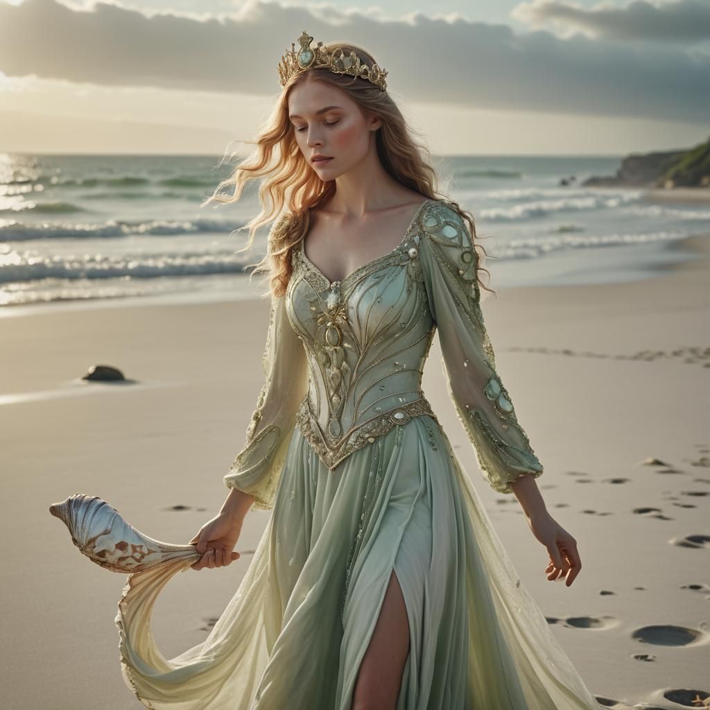 Woman with Seashell Crown on Beach in Art Nouveau