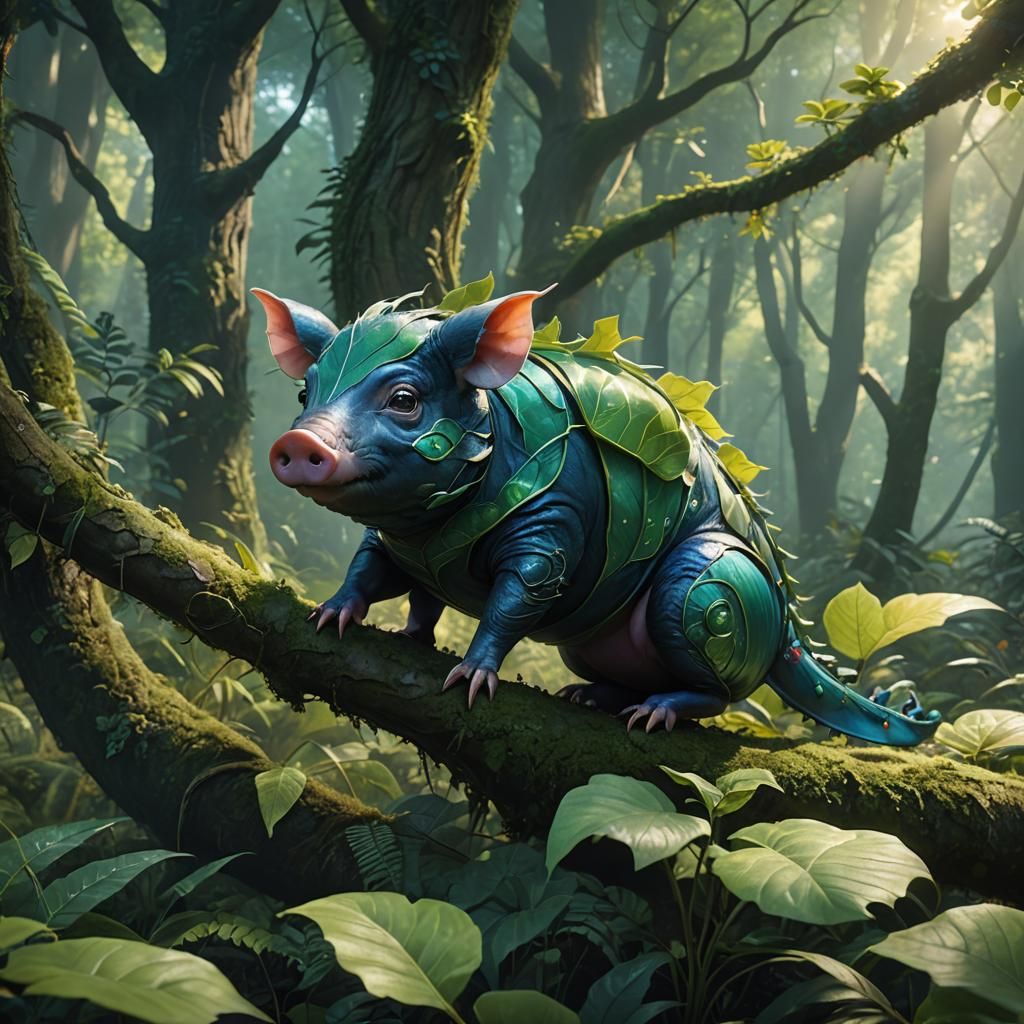 Half-Pig, Half-Caterpillar Creature in Forest, Digital Art