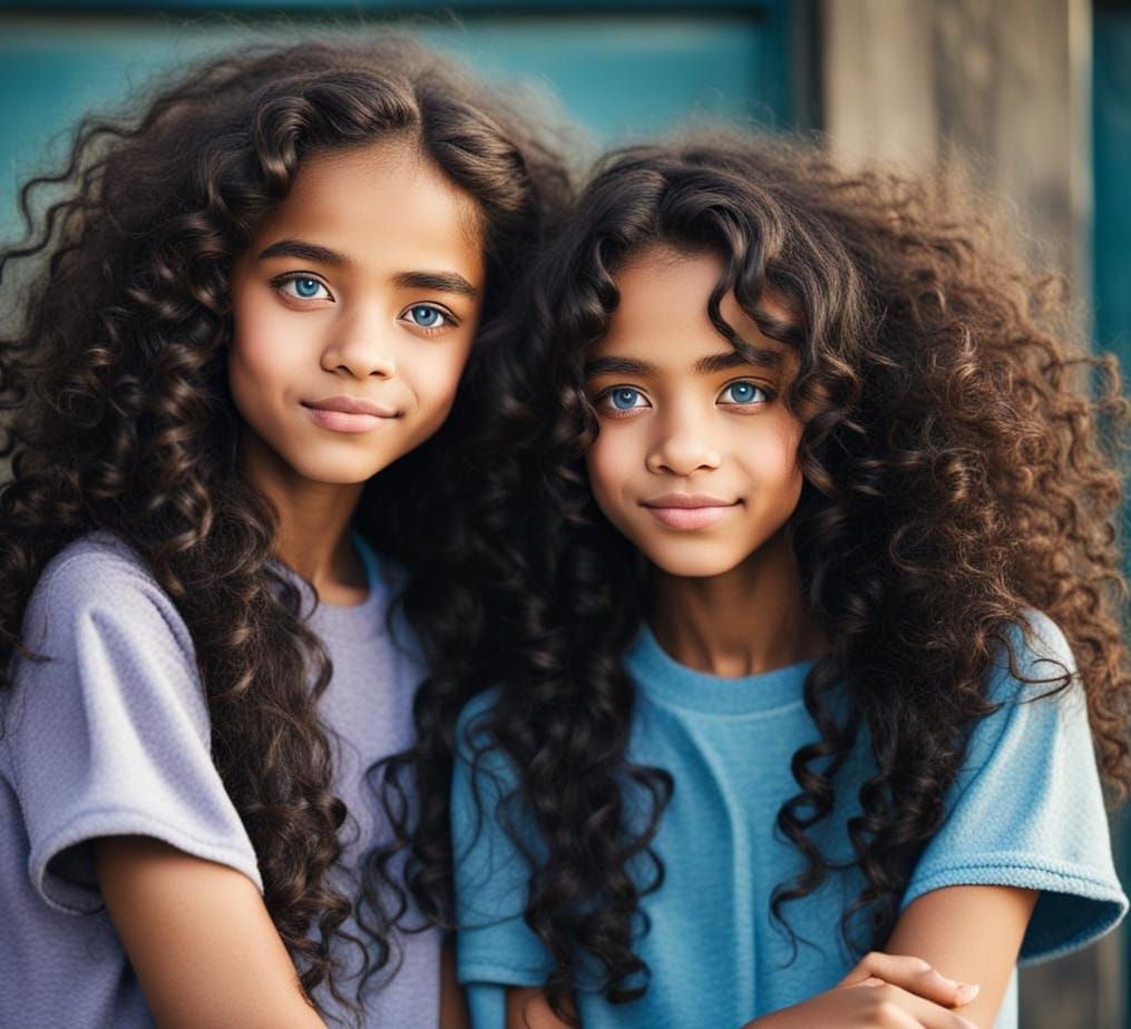 Beautiful Twin Girls with Curly Hair and Blue Eyes