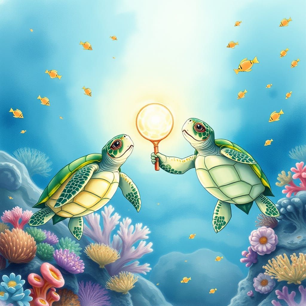 Underwater Tennis Match with Turtles in Watercolor Style