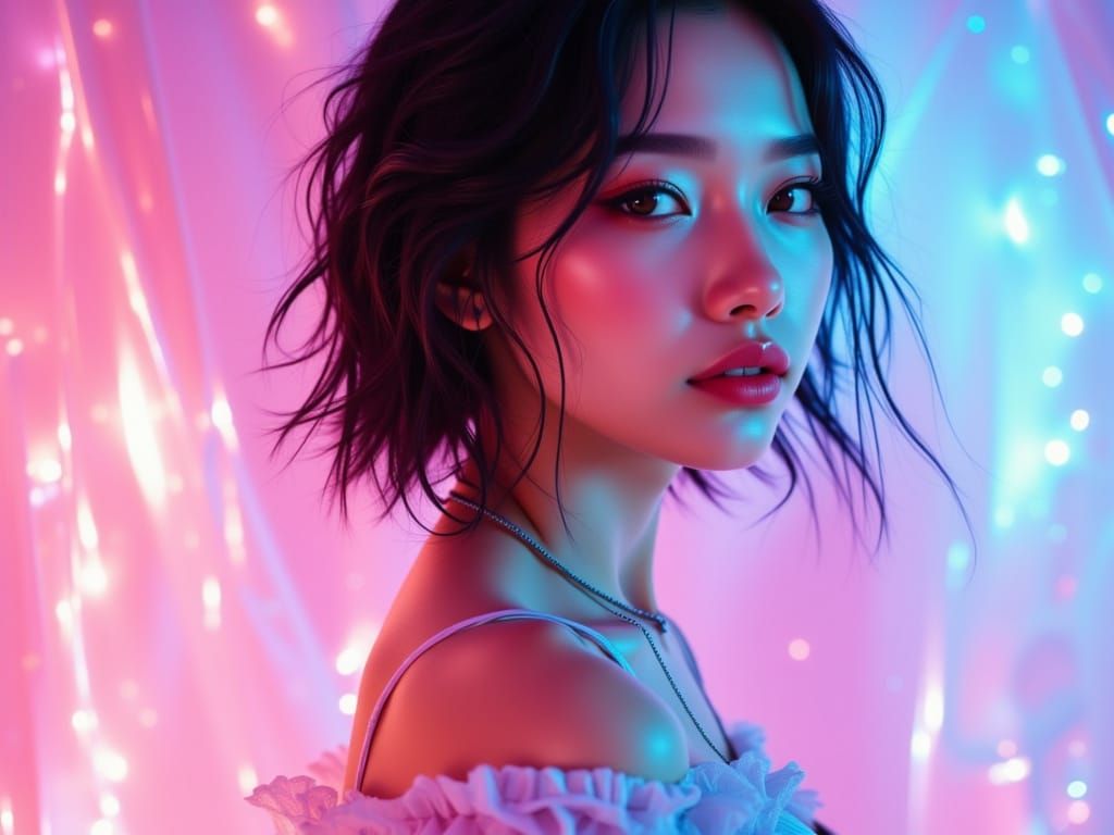K-Pop Idol with Bold Facial Lines in Pastel Dreamscape