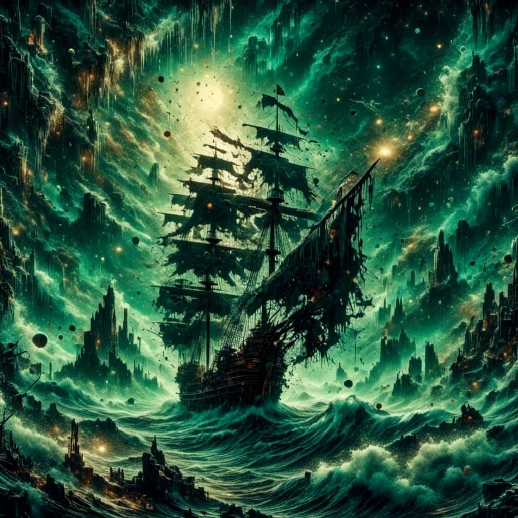 Ghostly Pirate Ship Navigating Space in CGI Style