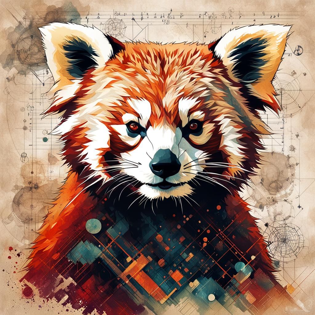 Red Panda in Grunge Style with Abstract Curves