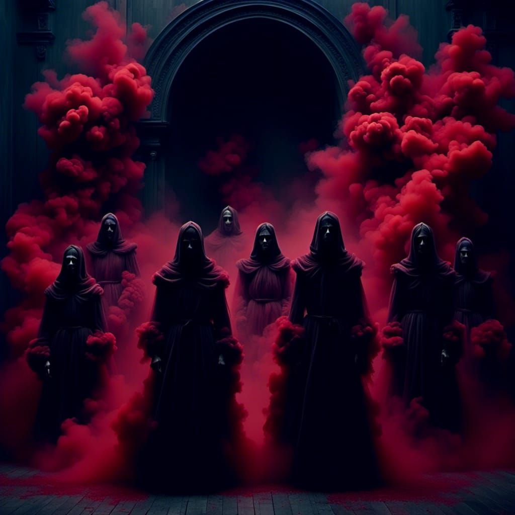 Dark Gothic Horror Scene with Frightening People and Red Smo...