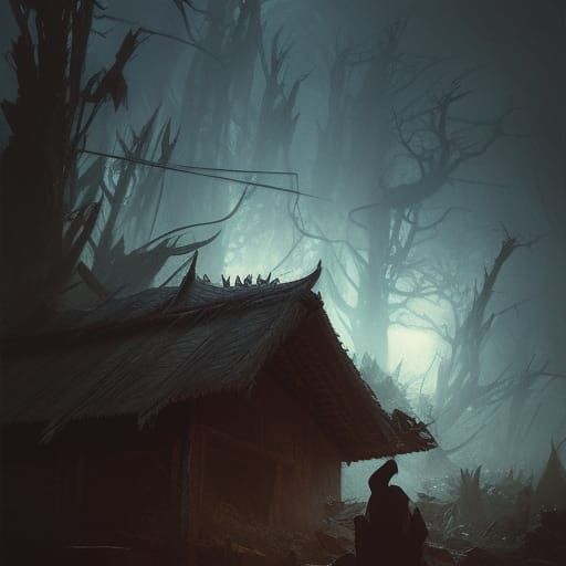 Aswang Looms Over Hut: Dark Fantasy Concept Art