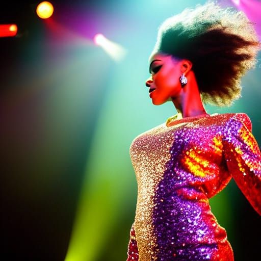 Vibrant Disco Queen Dances Under Sparkling Lights