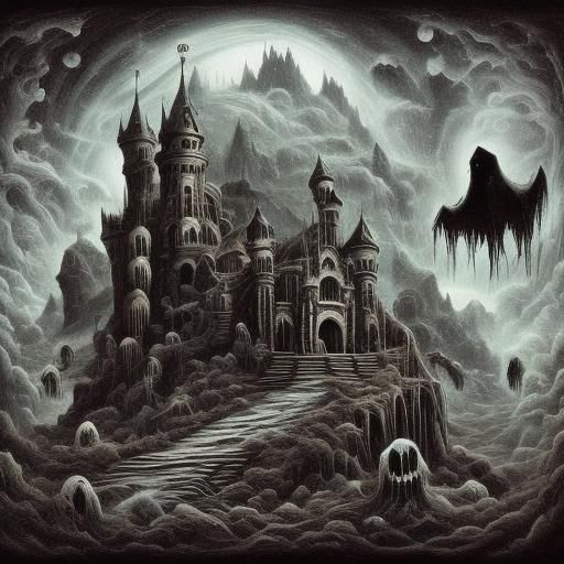 Horror Castle with Mountains, Gustave Doré Style