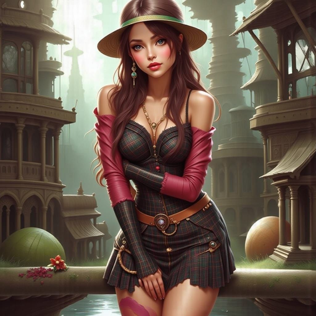 Beautiful Woman in Cute Plaid Miniskirt