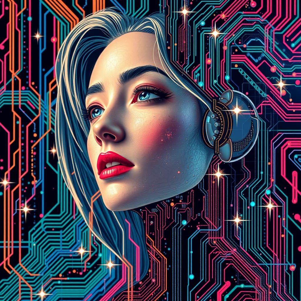 Glitchcore Space Woman Portrait in Klimt Style