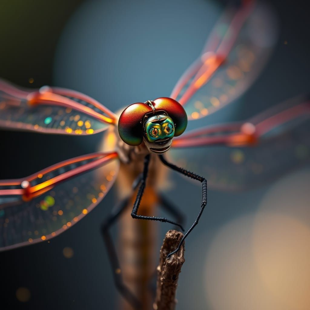 Hyperrealistic Dragonfly with Copper Wings and Glass