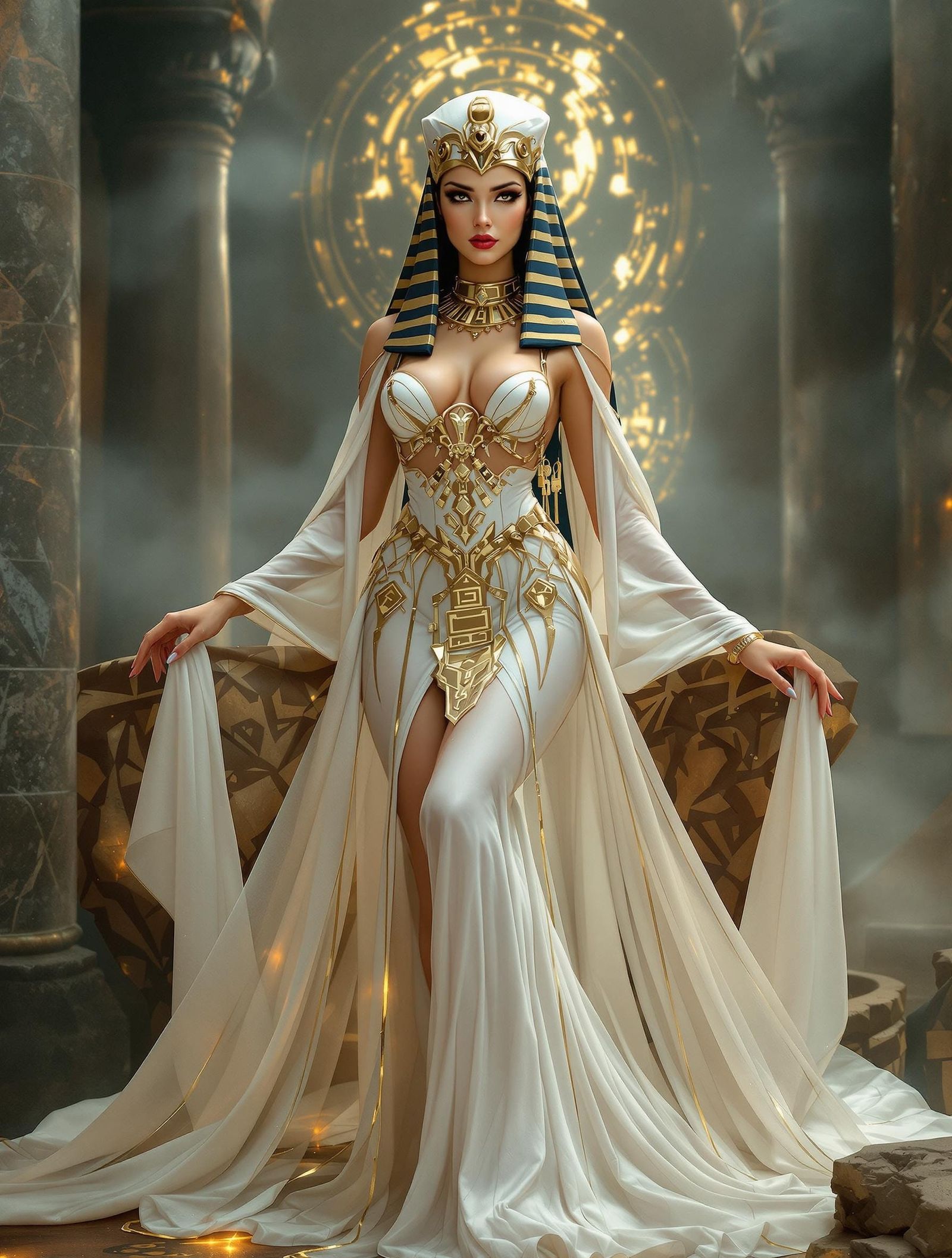 Egyptian Fantasy Goddess in Golden Sci-Fi Gown