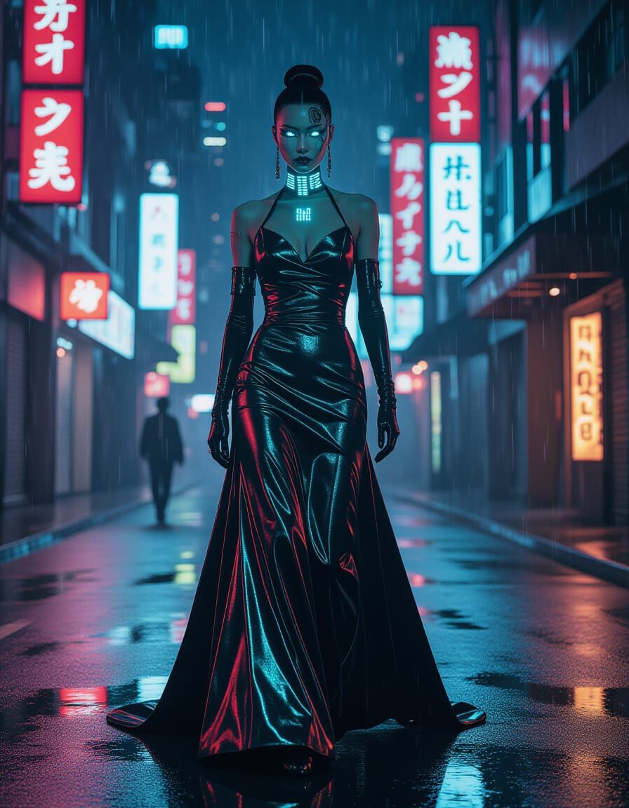 Cyberpunk Fashion Model with Cybernetic Implants in Neon Cit...