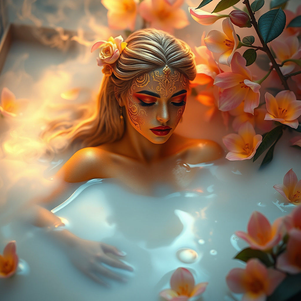Amazonian Goddess Bathing in Milk: Hyper-Realistic