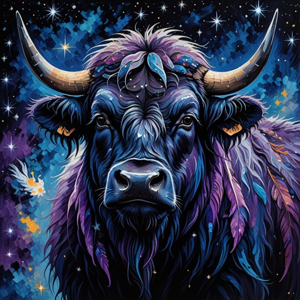 Majestic Yak Radiates Starlight in Expressionist Masterpiece
