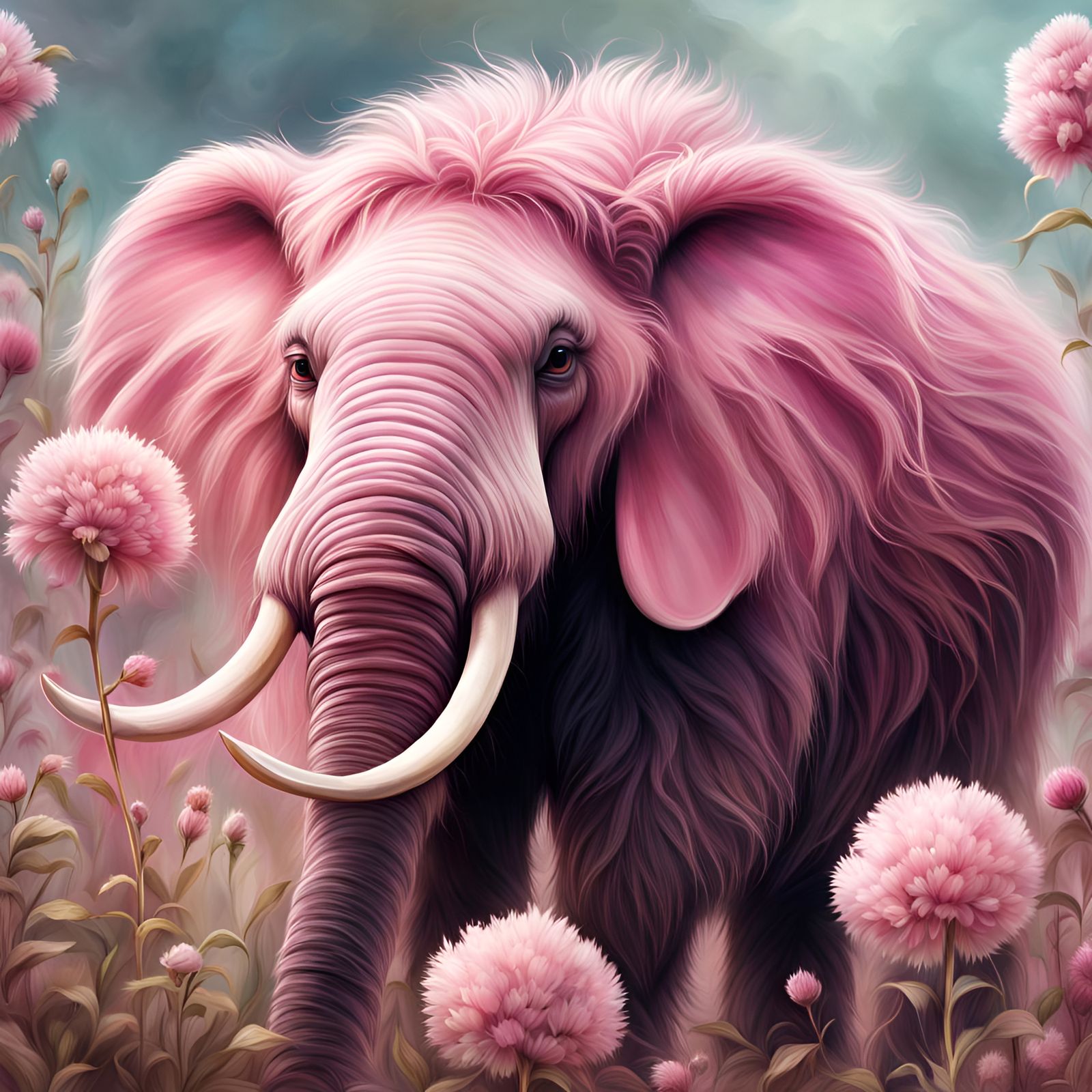 Cute Pink Mammoth in Floral Transparency: Digital Art