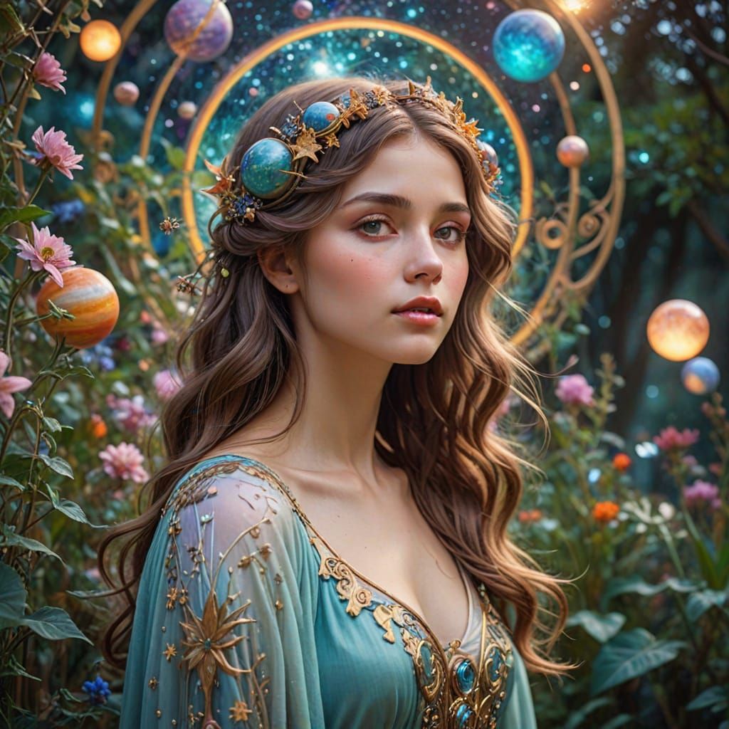 Dreamy Art Nouveau Goddess with Celestial Hair