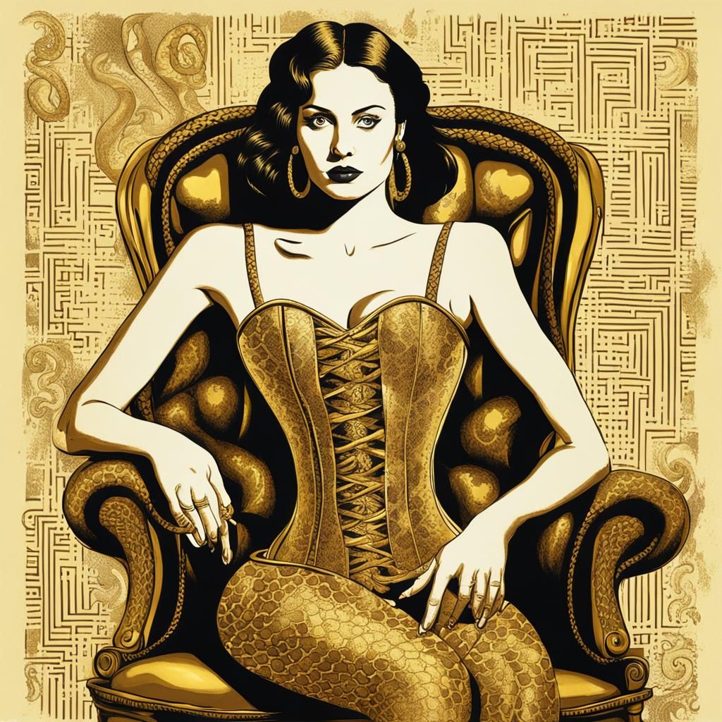 Golden Corset Woman with Snake in Pop Art Style