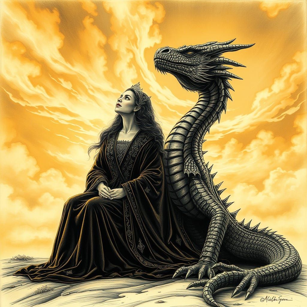 Regal Mistress with Majestic Dragon in Hyperdetailed Charcoa...