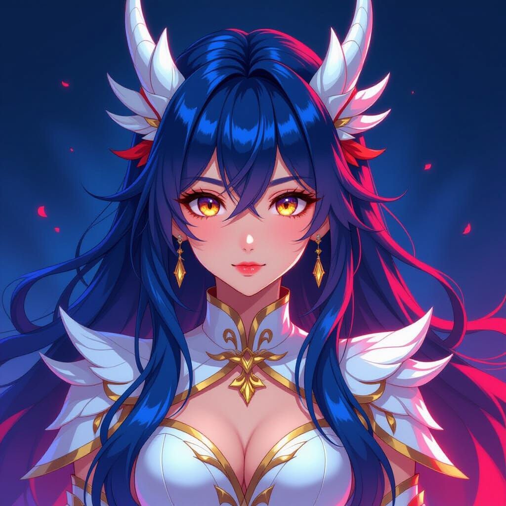 Anime Dragon Girl with Blue, Red, and Gold Accents
