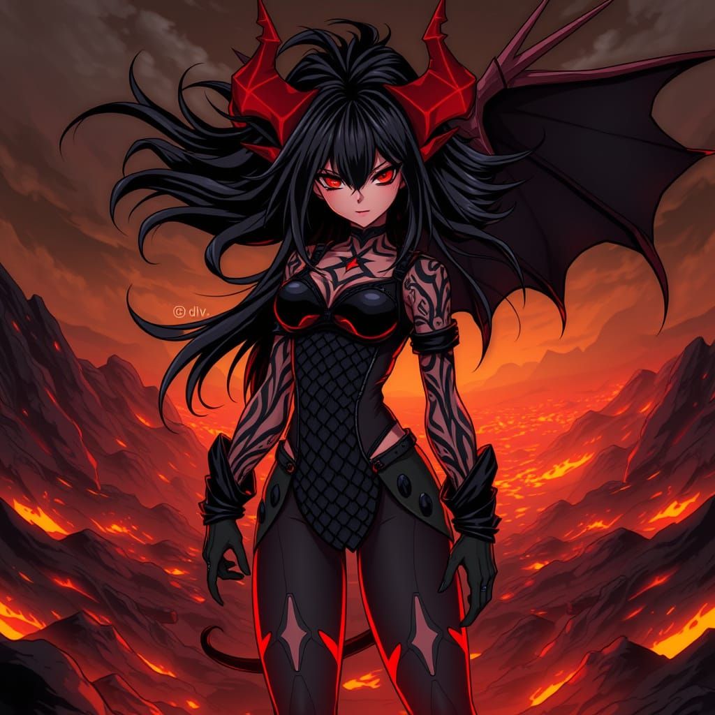 Cyberpunk Demon Girl in Volcanic Landscape