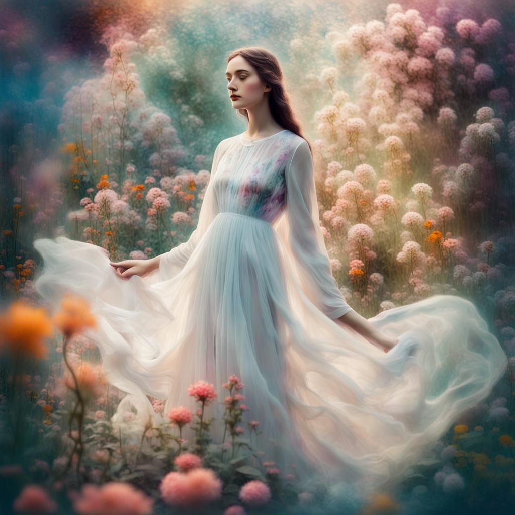 Surreal Double Exposure: Woman in Blooming Garden