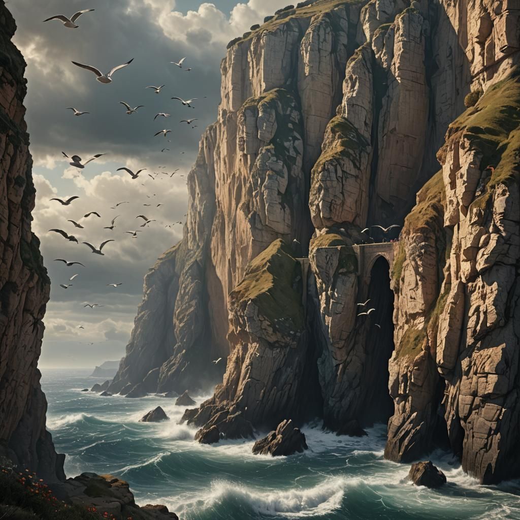 Mediterranean Cliffs and Seagulls: Digital Matte Painting