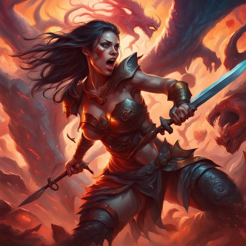 Fierce Female Warrior Fighting Demons: Hyperrealistic Splash...